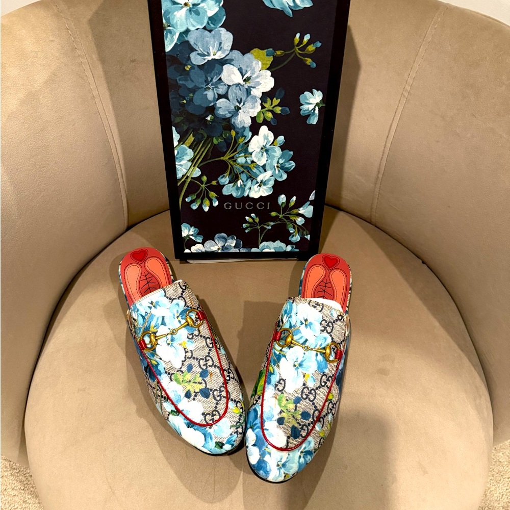 Gucci Red and Blue Mules with Vibrant Design